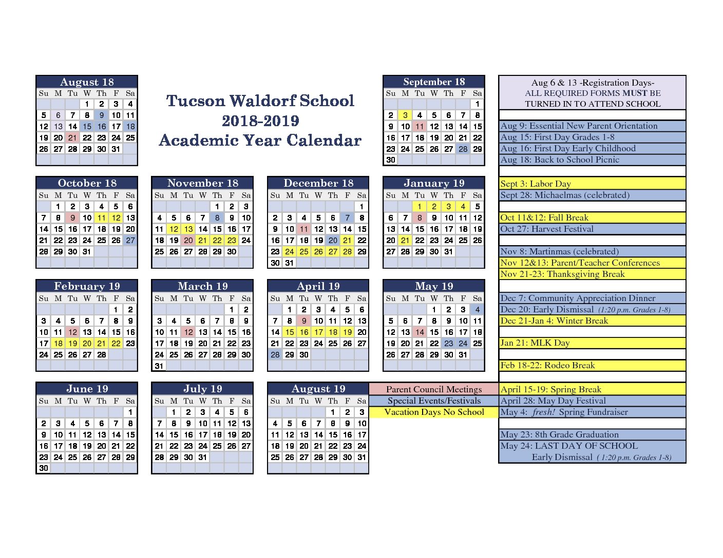 2018 2019 academic calendar Tucson Waldorf School