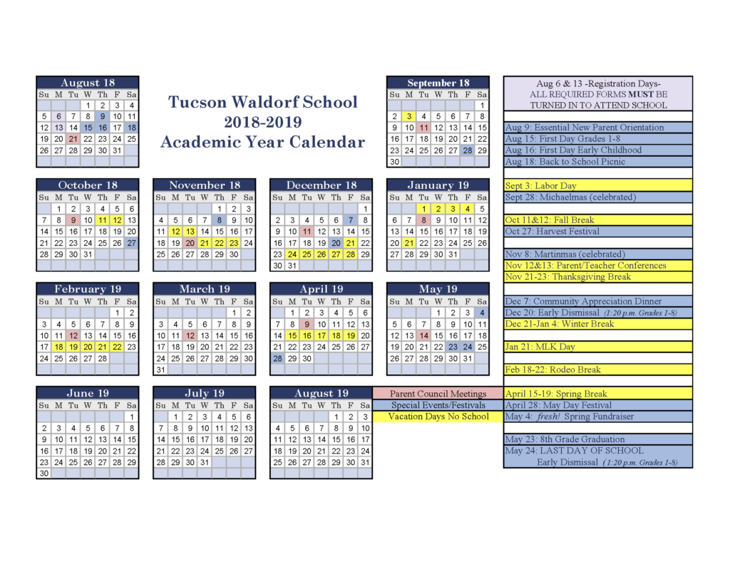 20182019 academic calendar Tucson Waldorf School