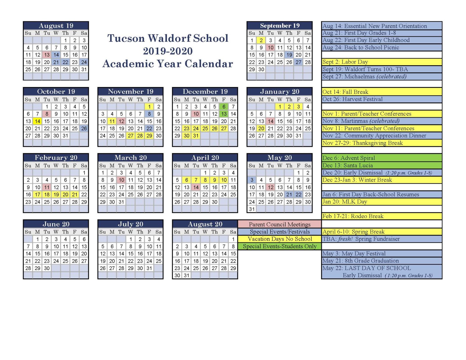 20192020 academic calendar Tucson Waldorf School