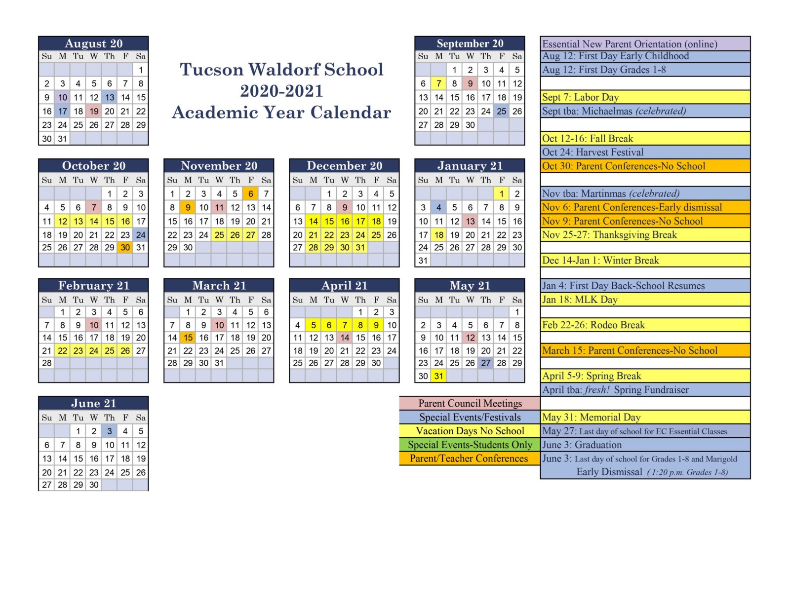 calendar Tucson Waldorf School
